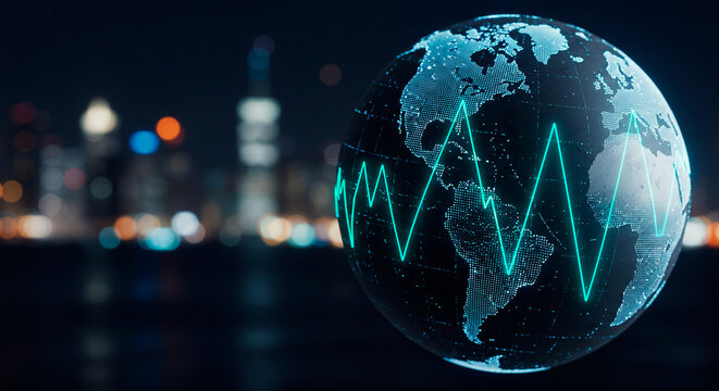 Digital earth globe with an ascending and descending chart line