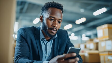 Professional businessman in a classic formal suit intensely focused on his smartphone screen managing tasks and communications in a modern corporate environment with dedication