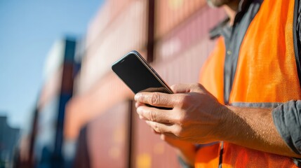 Professional male engineer in a fluorescent orange safety vest standing outdoors using a cellular device for communication and coordination on a job site during the day