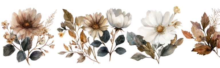 Vintage style watercolor floral set with muted wildflowers on white background