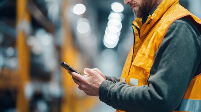 A male worker in a bright yellow high visibility safety vest is standing outdoors while looking at and using his mobile cellular device for communication or work related tasks - Powered by Adobe