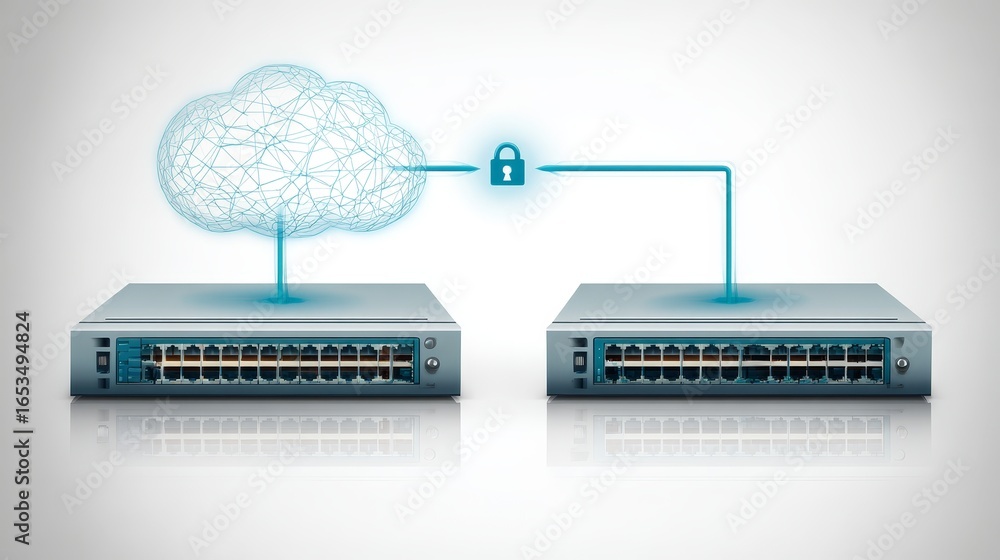Poster futuristic digital landscape illustrating the concept of cloud computing with two ethernet cables pl