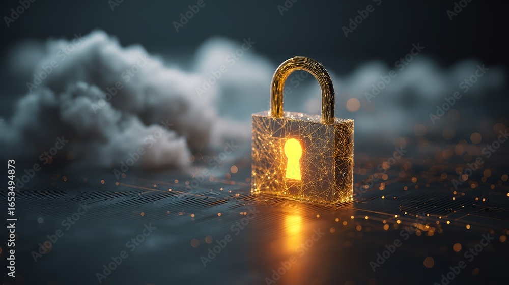 Poster conceptual illustration of online digital security and data protection with a metallic padlock on a 