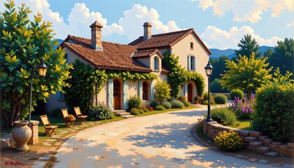 provencal farmhouse with lantern lit paths painted in sunlit painting on a white background, subject not filling the frame.