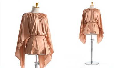 Elegant formal gown with a flowing cape displayed on a headless mannequin showcasing a sophisticated and classic style for a special occasion or theatrical performance