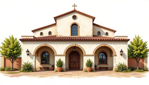 spanish colonial house with arched doorways painted in detailed architectural art on a white background, subject not filling the frame.