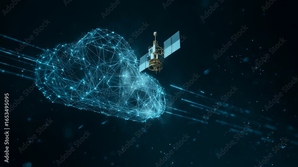 Poster futuristic orbital satellite engaged in global communication transmitting data through a complex net