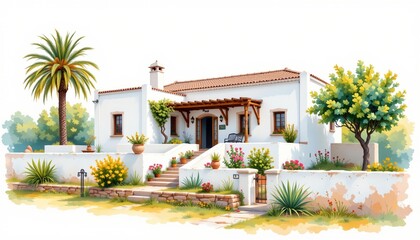 Fototapeta premium a romantic watercolor of a nile side villa with whitewashed walls, isolated on a white background with ample space around.