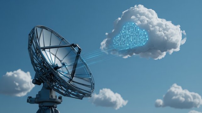 A powerful ground based satellite dish antenna broadcasting a glowing nebula of blue light a conceptual representation of advanced technological data transmission and energy