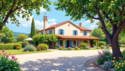 Fototapeta premium a bright travel illustration of a provencal farmhouse with a sunlit terrace, isolated on a white background with ample space around.