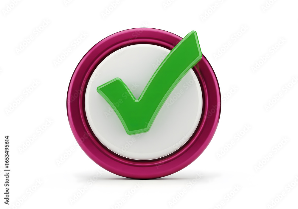 Poster a glossy green check mark is displayed inside a white circle with a magenta ring on a white backgrou
