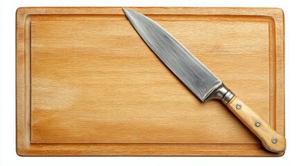 A sharp steel blade chef s knife is positioned on a rustic wooden cutting board a classic culinary tool ready for the preparation of ingredients in a bright and clean kitchen environment
