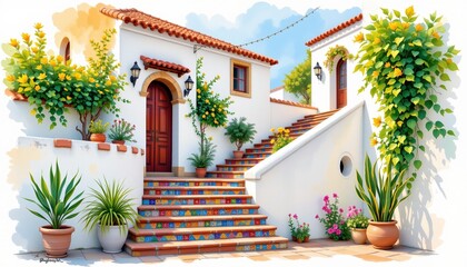 portuguese manor with colorful tiled stairs painted in romantic watercolor on a white background, subject not filling the frame.