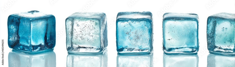 Poster a minimalist composition featuring a precise linear arrangement of transparent frozen water cubes wi