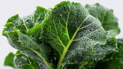 Fresh kale leaves with water droplets macro