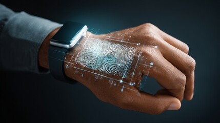 A close up view of an individual s hand holding a contemporary wearable gadget showcasing a detailed fingerprint on the glowing screen for biometric security and personal identification