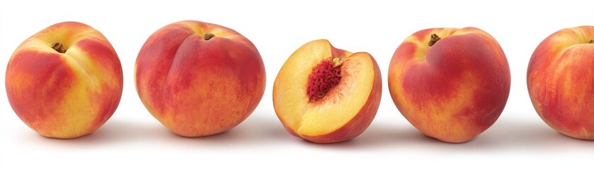 A detailed close up shot of a group of vibrant ripe peaches freshly cut in half to reveal their juicy orange yellow flesh and the hard textured pits at their center