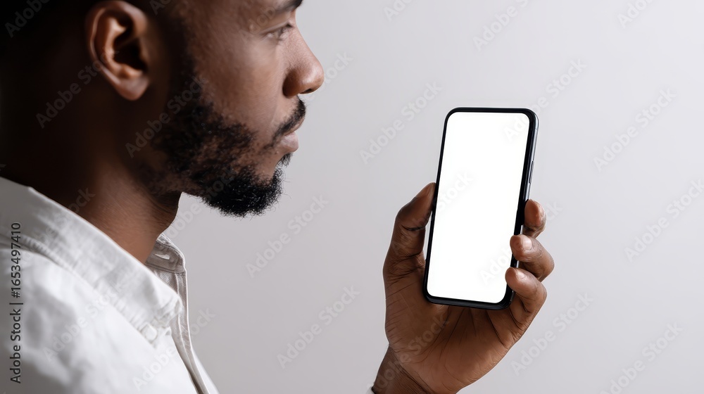 Poster conceptual image of a male individual presenting a mobile telephone with a blank display ideal for a