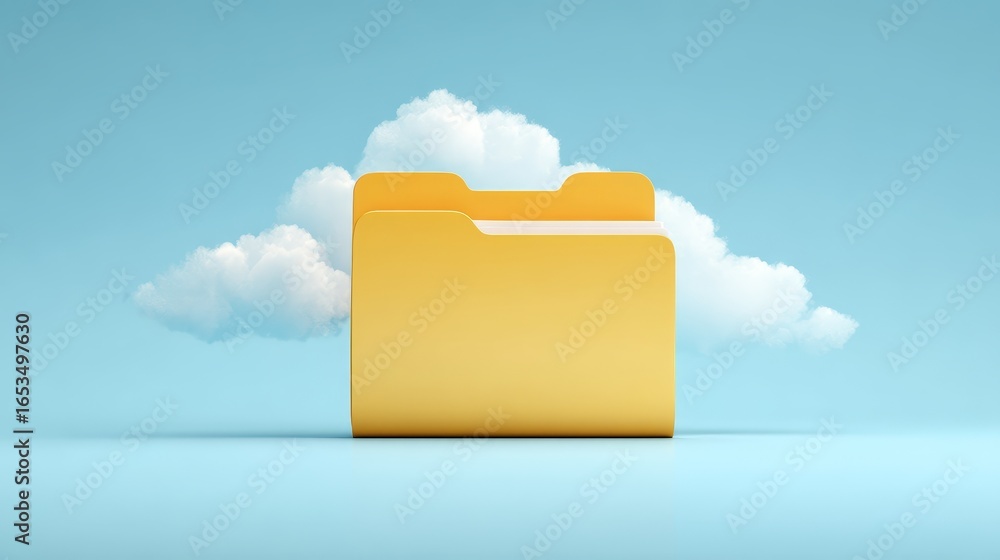 Poster conceptual representation of digital cloud storage and data organization with a yellow file folder i