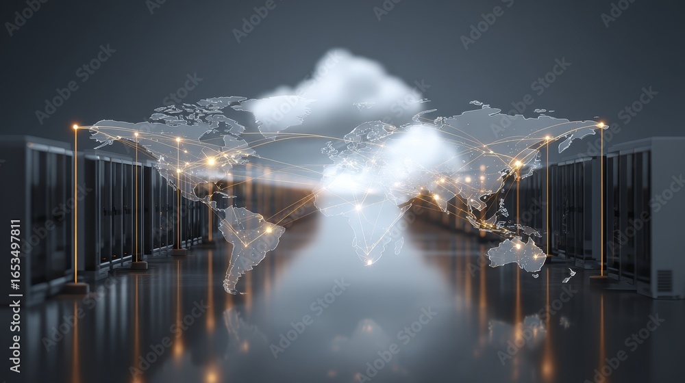 Poster futuristic global data network hub with server racks processing information displaying an interconne