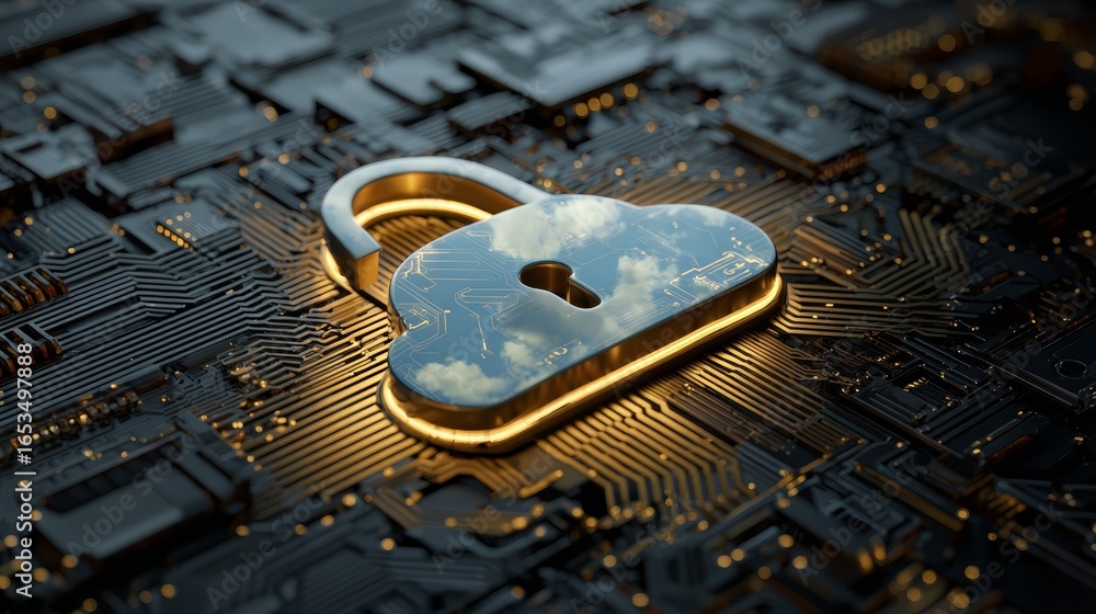 Poster a luminous cloud formation meticulously shaped like a classic padlock hovers above a complex glowing