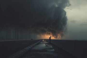 A lone figure stands on a pier as dark clouds loom and a fire rages in the distance. The dramatic lighting creates a haunting, apocalyptic mood.  End of society, concept