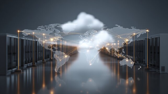Futuristic global data network hub with server racks processing information displaying an interconnected world map with glowing points of light representing worldwide communication