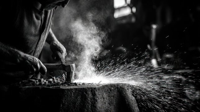 Blacksmith working metal, creating sparks in dark workshop, hammering with strong hands