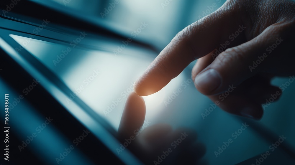 Poster close up of a human hand making contact with a digital touch screen interface illustrating modern in