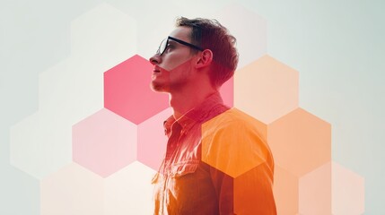 A bespectacled gentleman poses confidently before a vibrant multi hued geometric background composed of interlocking hexagonal shapes creating a visually stunning and modern backdrop