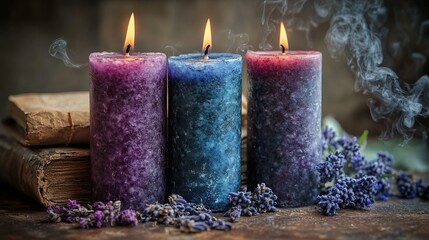 Three lit candles in purple blue and red with books and lavender.