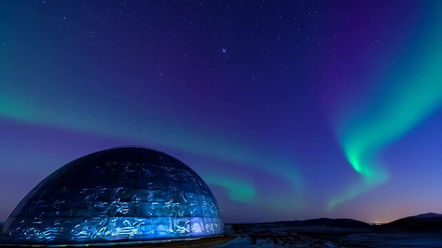 Northern Lights illuminate a geodesic dome