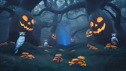 Eerie halloween forest scene with glowing jackolanterns and watchful owls
