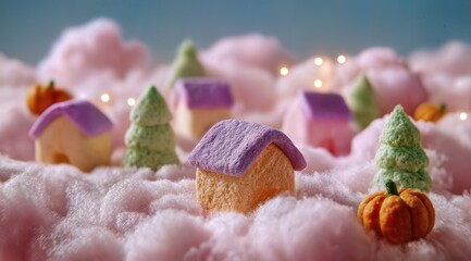 A whimsical village crafted from sweets, nestled amidst fluffy clouds and charming decorations. The scene evokes a sense of childlike wonder and sugary delight.