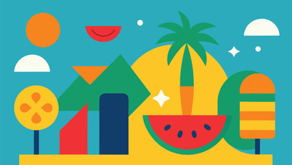 Colorful Abstract Summer Landscape with Palm Tree and Watermelon vector illustration