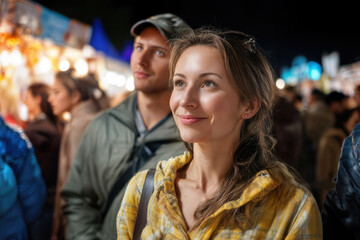 Obraz premium A smiling young woman with a man looking up and looking around with a background of lights and people