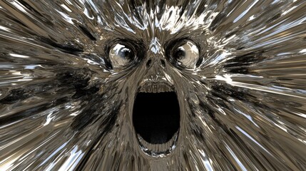 Abstract metallic face with screaming expression and distorted features creating a surreal vision
