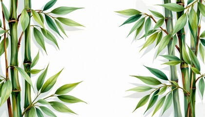 Obraz premium expressive watercolor featuring a bamboo leaf framed by minimal leaves on a white background, airy and refined.