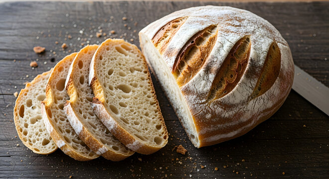 Artisan sourdough bread loaf and slices, perfectly arranged on a rustic wooden table showcasing the texture and craftsmanship of freshly baked homemade bread for breakfast with visual appeal