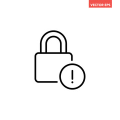 Black single lock with exclamation mark line icon, simple login access denied flat design pictogram, infographic vector for app logo web button ui ux interface elements isolated on white background