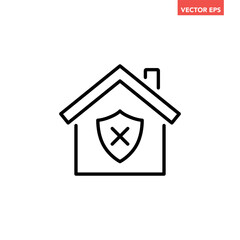 Black single house insecure line icon, simple house shield flat design illustration vector pictogram, infographic interface elements for app logo web button ui ux isolated on white background 