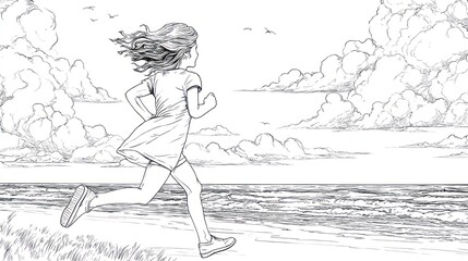 A girl runs along a beach on a windy day, with wavy ocean and cloudy sky behind her
