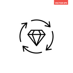 Single black diamond with rotation arrows line icon, simple vip exchange flat design infographic pictogram vector for app logo web button ui ux interface elements isolated on white background
