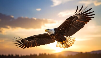 Majestic bald eagle soaring at sunset