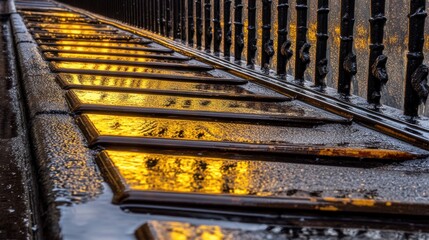 Golden Reflections on Wet Steps: Abstract Urban Scene of Light and Architecture