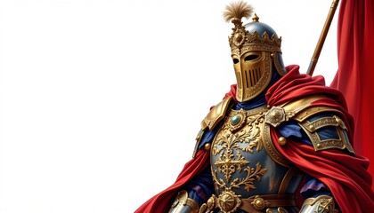 an classic commander in ornate armor rendered in romantic historical art on a clean white background, not filling the frame.