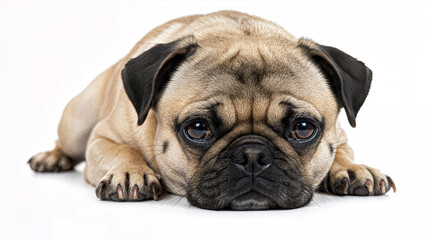 cão pug triste deitado
