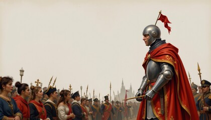 Naklejka premium an noble knight speaking to the crowd rendered in baroque inspired painting on a clean white background, not filling the frame.