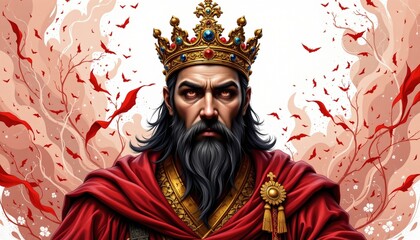 Fototapeta premium an ancient emperor wearing a crown rendered in grand epic illustration on a clean white background, not filling the frame.