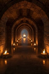Fototapeta premium Ancient stone corridor with arched ceiling illuminated by fire torches, mysterious underground tunnel creating historic atmosphere of medieval castle, dungeon, or fantasy adventure
